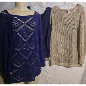3 LOT Chico's Chicos 2 L Crochet Sweater Tunic + Tank Purple Tan Wardrobe Outfit